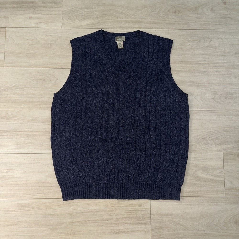 LL Bean Lambswool Cable Knit Fisherman Sweater Vest‎ Mens Tall XL Navy Nylon
